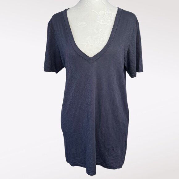 Velvet by Graham & Spencer Slub Cotton Deep V Tunic Tee Shirt Navy Top Medium - Picture 1 of 8